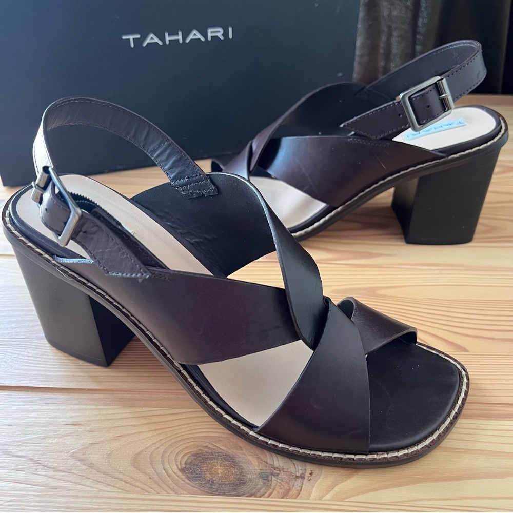 Tahari Nikola Brown Leather Chunky Sandal Heels - Wide Width!